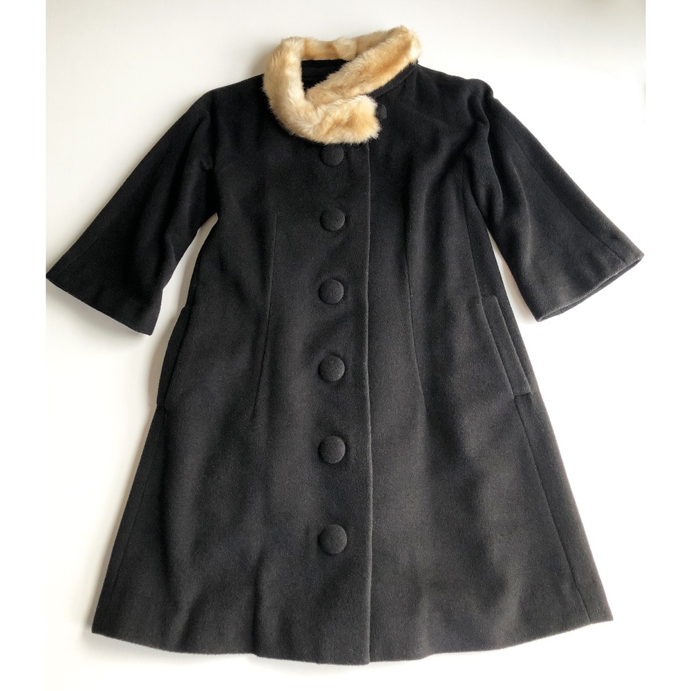 Anthropologie ELEVENSES Black Wool A-Line Coat with Faux Fur Trim Size 0 XXS